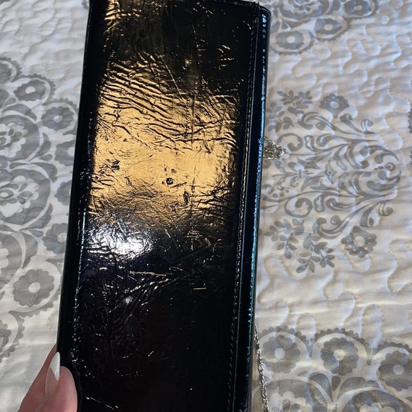 Vegan clutch black patent, like chrome, trim, pink satin interior - Picture 7 of 14